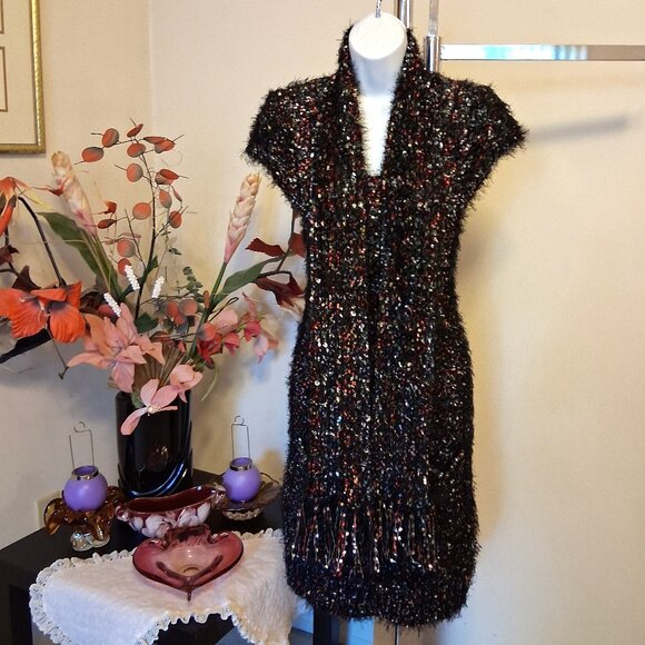 NWOT Papillon Unique Designed Stretchy Cardigan Knit Midi Dress with Scarf - Picture 1 of 10